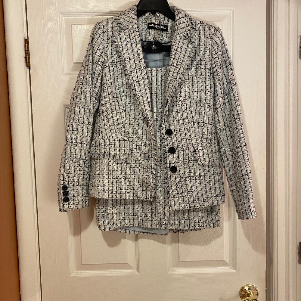 NWT Karl Lagerfeld Tweed Skirt and Blazer Suit - Aqua Blue,Black,White - Sz 6/8
